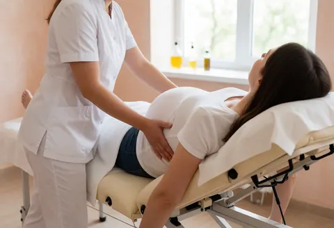 Une thérapeute en uniforme blanc effectue un massage dorsal sur une cliente enceinte allongée, avec des bouteilles d'huile près d'une fenêtre baignée de lumière naturelle.