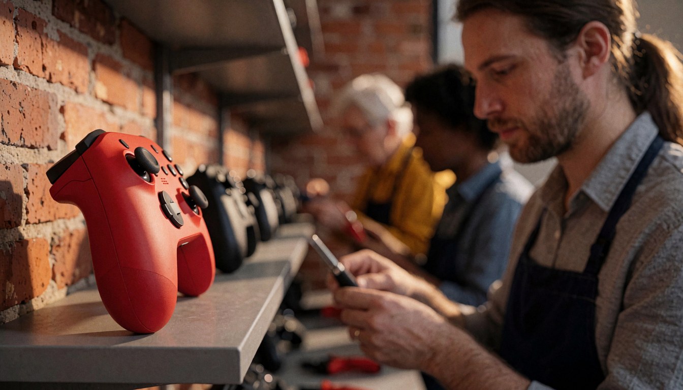 Manette de jeu vidéo rouge au premier plan devant un mur de briques, outils et techniciens travaillant dans un atelier de réparation.