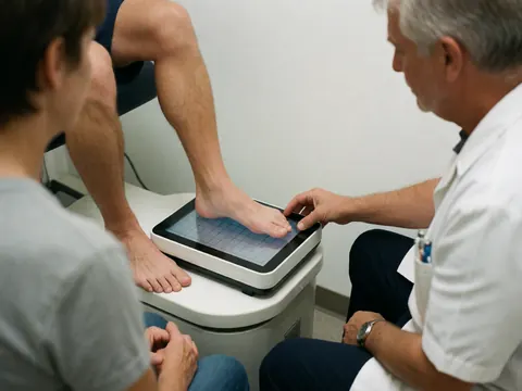 Un podologue ajuste une plaque numérique avec grille sous le pied d'un client lors d'une consultation médicale sur fond blanc.