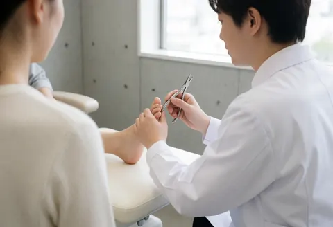 Podologue traitant un pied avec des pinces dans une clinique aux murs en béton et à la lumière naturelle, scène professionnelle et réaliste.
