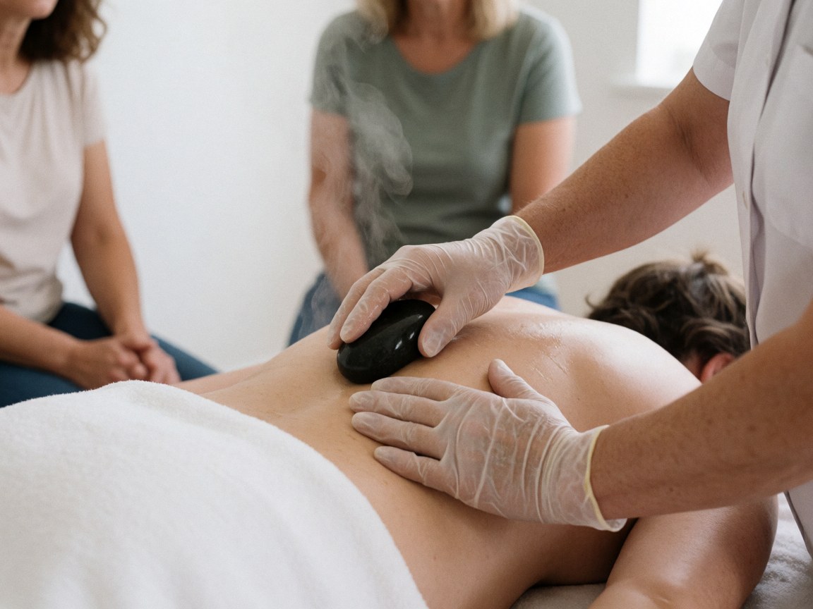 Un thérapeute place délicatement une pierre chaude à vapeur sur le dos nu d'un client lors d'une séance de massage dans un espace clair et minimaliste.