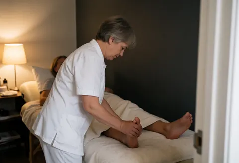 Thérapeute effectue un massage des pieds dans une pièce sombre avec une lumière chaude de lampe.