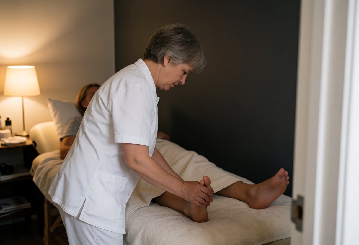 Thérapeute effectue un massage des pieds dans une pièce sombre avec une lumière chaude de lampe.