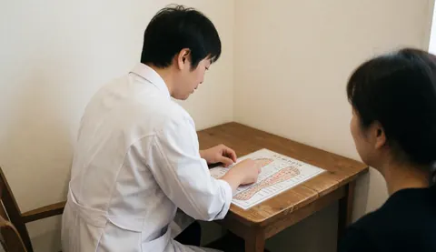Un praticien en réflexologie pointe un point précis sur un diagramme anatomique des pieds posé sur une table en bois dans un cabinet.