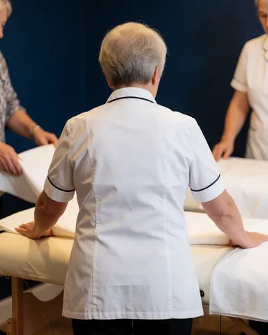 Un professionnel de la réflexologie en uniforme blanc dispose des draps blancs sur une table de traitement dans une pièce aux murs bleus.