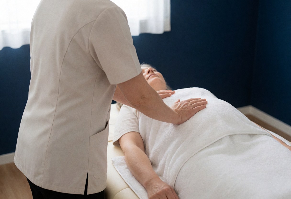 Une thérapeute professionnelle réalise un massage prénatal sur une cliente allongée sur une table recouverte d'un drap blanc, dans un cadre calme et serein.