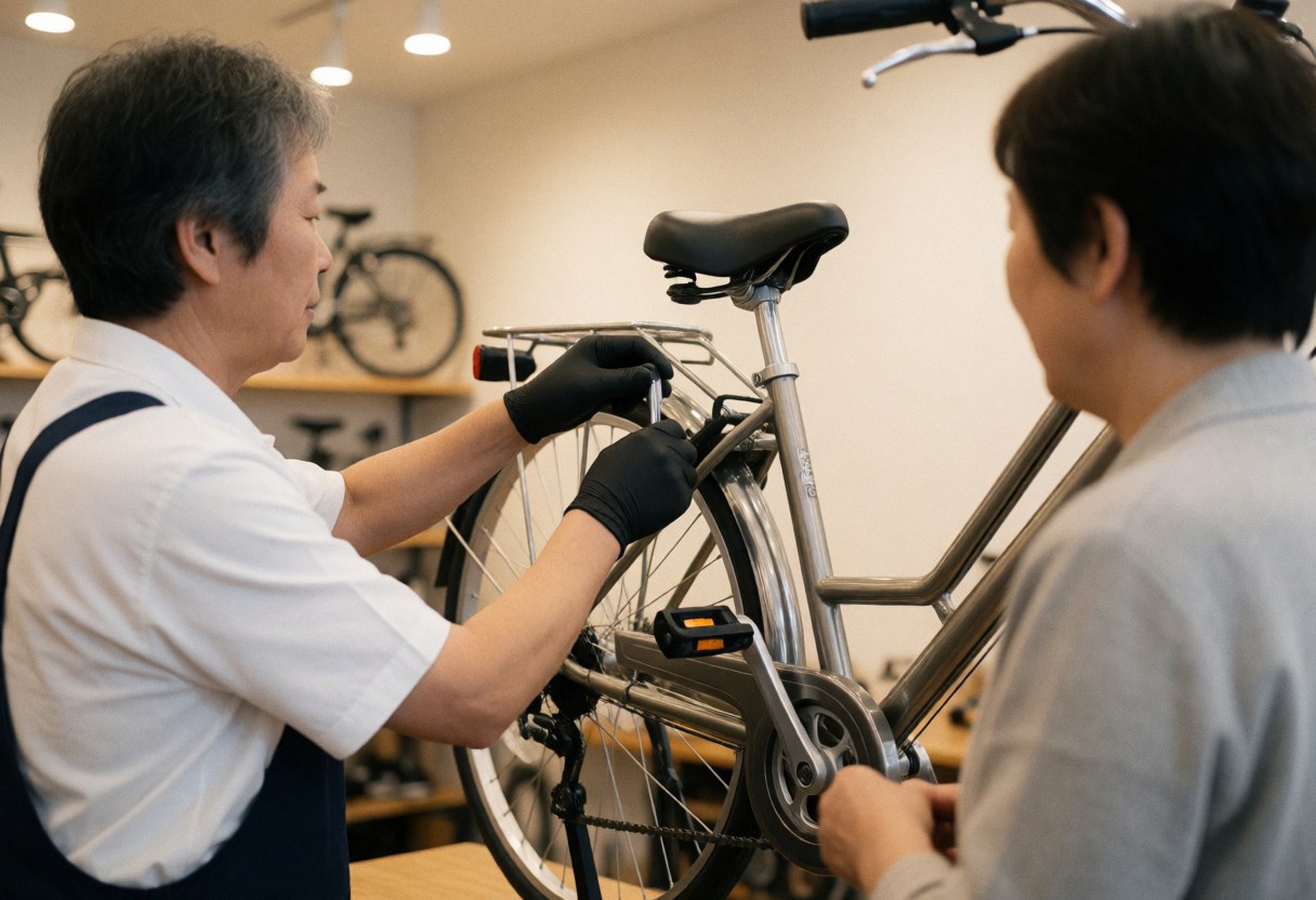 Un mécanicien en gants noirs règle la transmission d'un vélo urbain dans un atelier propre, sous le regard attentif du client.