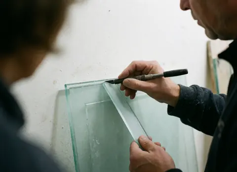 Un artisan utilise un outil de coupe pour tailler un panneau de verre transparent dans un atelier aux murs blancs, illustrant le processus de travail du verre décoratif.
