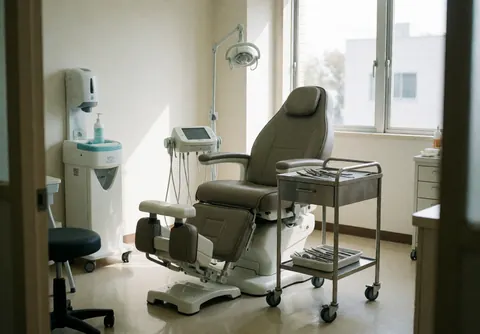 Salle de podologie propre équipée d'une chaise réglable, d'un chariot à outils et d'une station de désinfection.