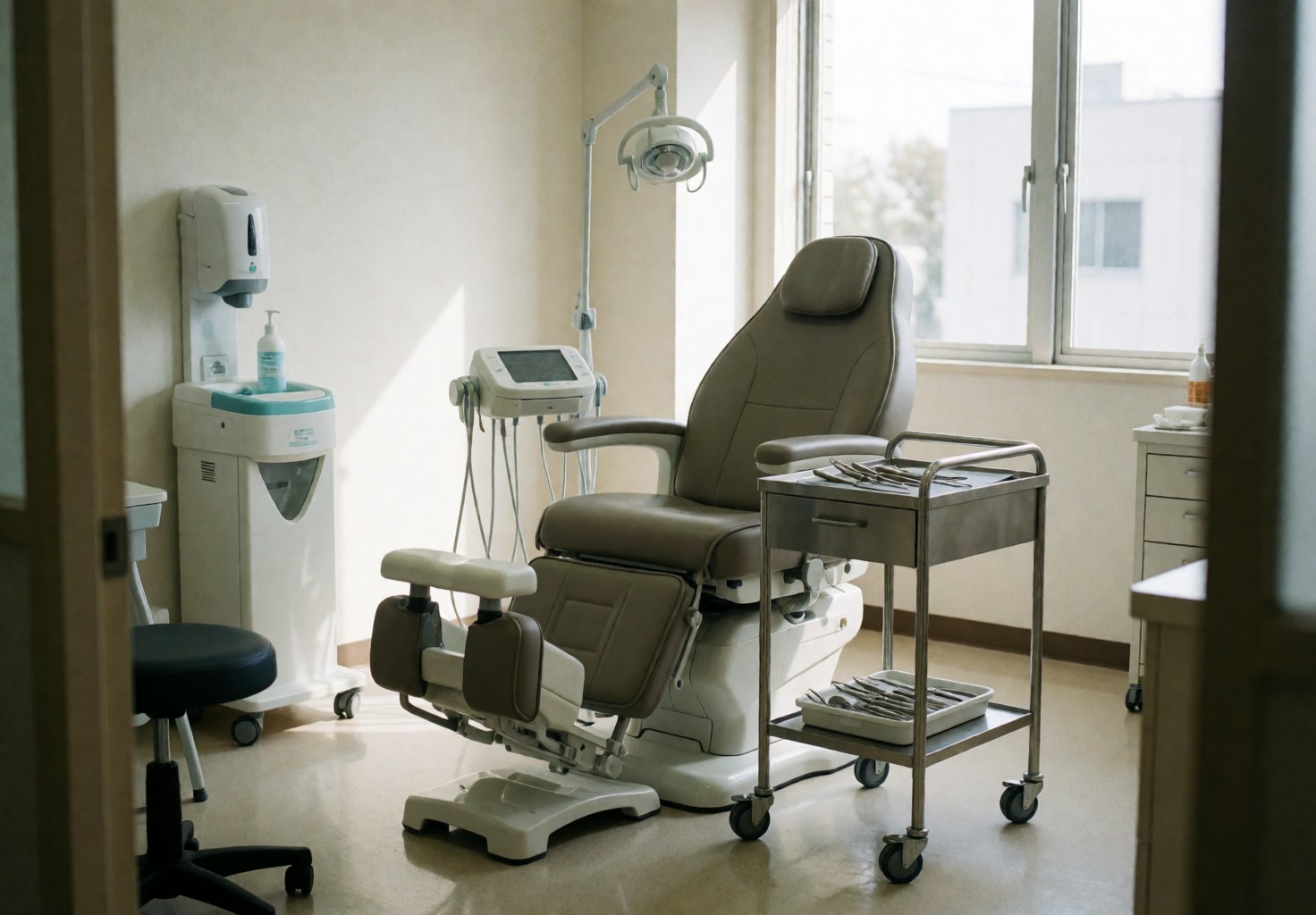 Salle de podologie propre équipée d'une chaise réglable, d'un chariot à outils et d'une station de désinfection.