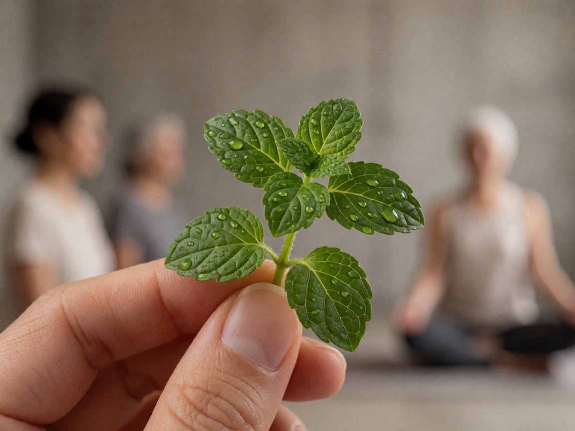 Main tenant une feuille de menta verte parsemée de gouttelettes d'eau, sur un fond de béton brut évoquant sérénité et bien-être.