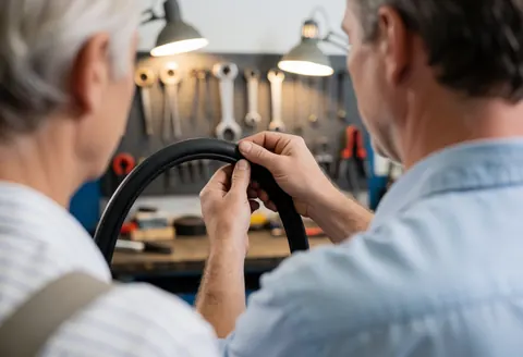 Un mécanicien applique un patch sur un tube de vélo dans un atelier avec des outils suspendus au mur et des lumières de travail.
