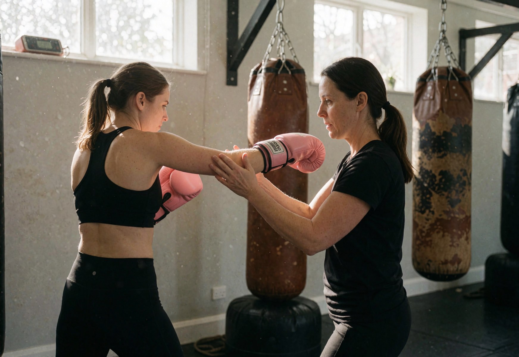 Une instructrice de boxe corrige la technique d'une étudiante portant des gants roses dans un gymnase avec des sacs de frappe et une lumière naturelle.