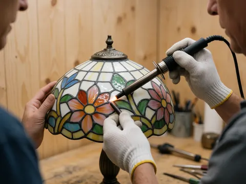 Des mains gantées effectuent un soudage sur une lampe en cristal décoratif posée sur une table de travail aux murs en bois clair.