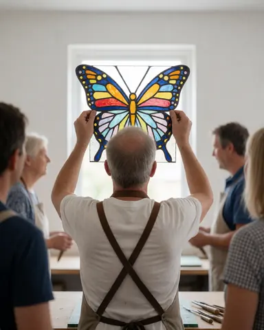 Un artisan vérifie l'alignement d'une œuvre en verre décoratif dans un atelier, tandis que des personnes observent le processus de travail manuel.