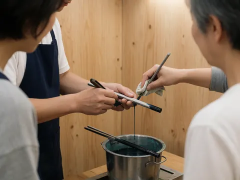Techniciens appliquent une patine sur les lignes de plomb du verre décoratif avec des rouleaux devant un fond en panneaux de bois naturel.