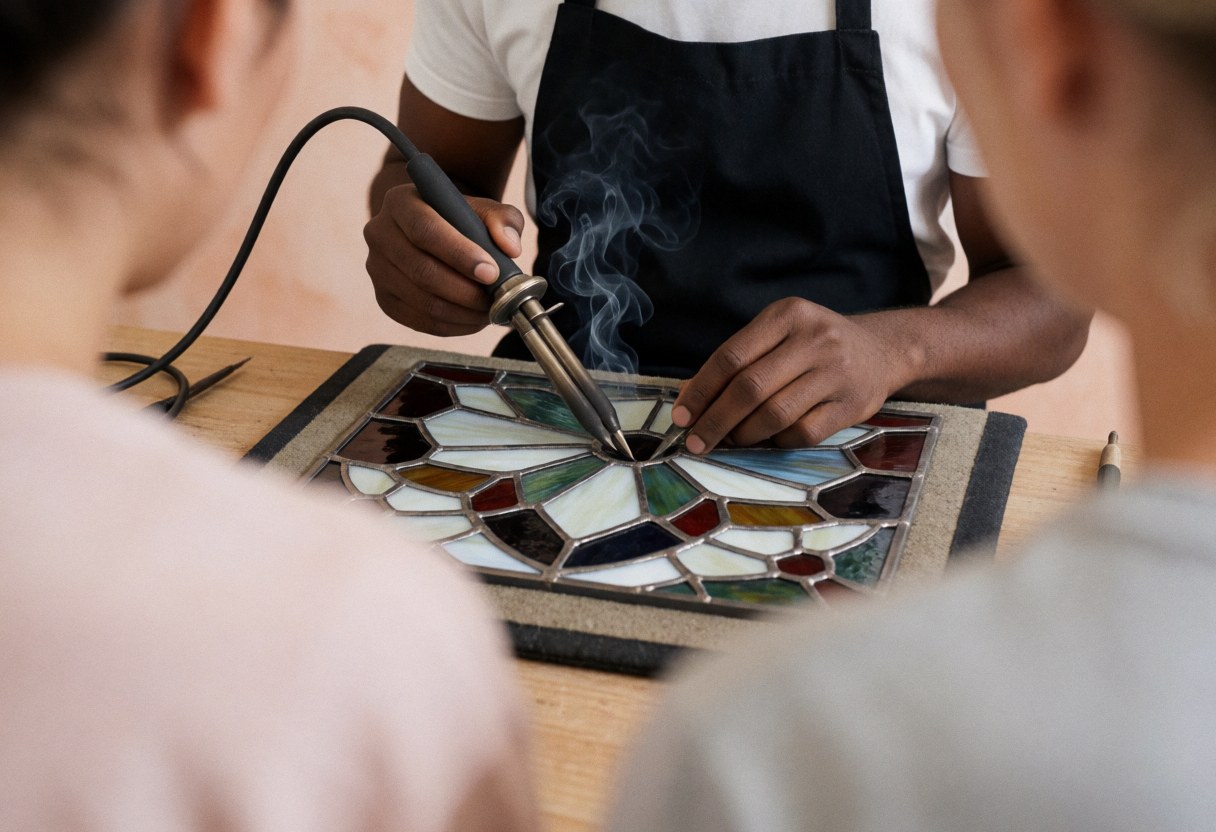 Un artisan soude du verre décoratif à l'aide d'un outil tandis que deux personnes observent le travail dans un atelier de cristallerie.