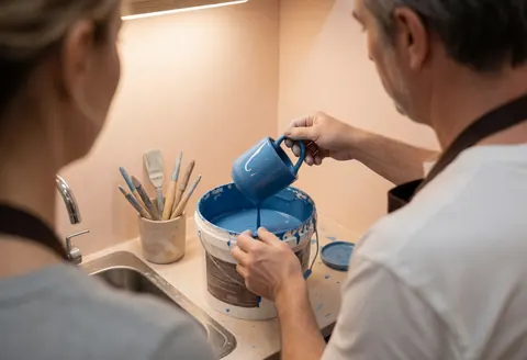 Un artiste applique soigneusement un glaçage bleu sur une tasse en céramique dans son atelier, avec des outils et la tasse visibles.