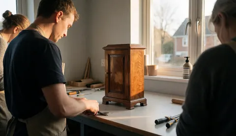 Trois personnes travaillent dans un atelier de restauration de meubles, une caisse en bois restaurée est visible au centre sous lumière naturelle.