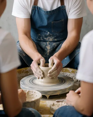 Un artiste travaille l'argile humide à la main sur un tour de potier en rotation dans un atelier de céramique artisanale.