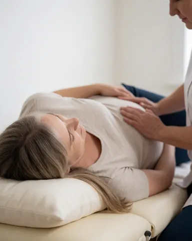 Une femme enceinte reçoit un traitement de reiki sur une table de massage, avec les mains du thérapeute posées sur son ventre dans un centre de bien-être.
