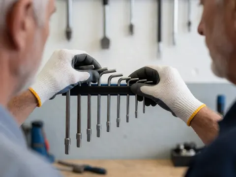 Des mains portant des gants disposent des clés hexagonales sur une surface dans un atelier de réparation de vélos, avec des outils suspendus au mur en arrière-plan.