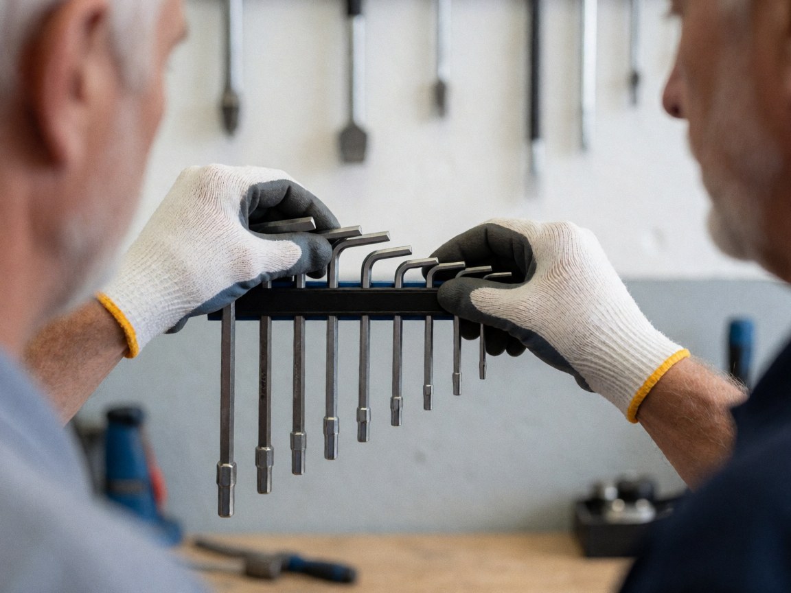 Des mains portant des gants disposent des clés hexagonales sur une surface dans un atelier de réparation de vélos, avec des outils suspendus au mur en arrière-plan.