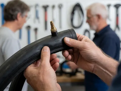 Mains tenant un tube de pneu noir avec valve d'air, dans un atelier de vélo avec des outils suspendus au mur.