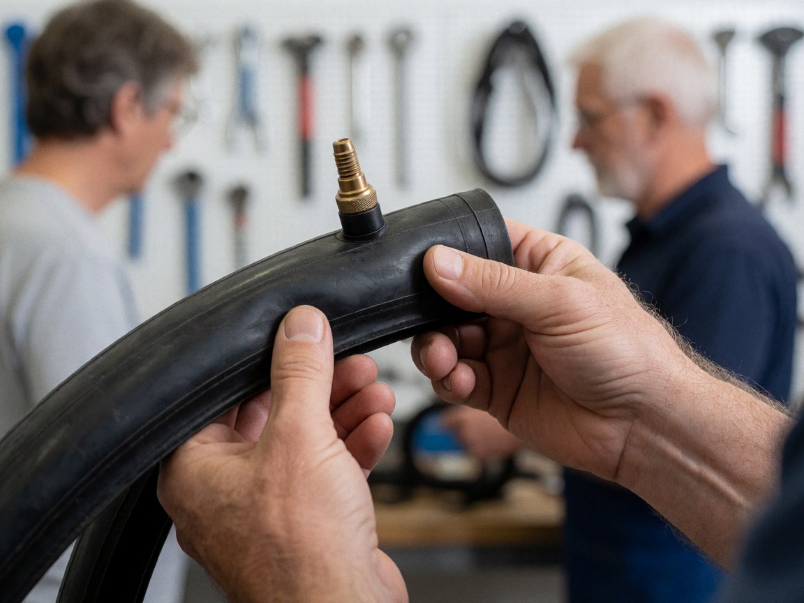 Mains tenant un tube de pneu noir avec valve d'air, dans un atelier de vélo avec des outils suspendus au mur.