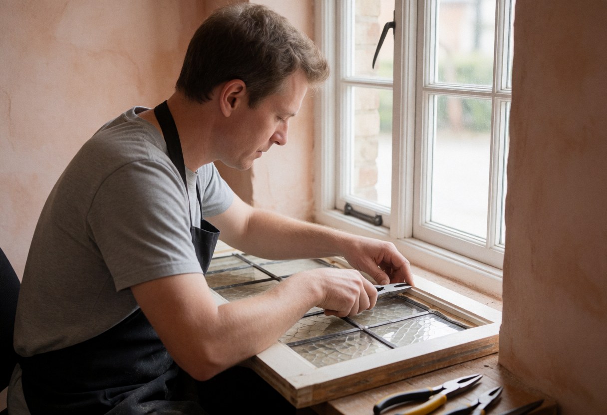 Un technicien effectue une réparation sur une fenêtre en verre à l'aide d'outils, dans un environnement intérieur aux murs enduits de terre cuite baignés de lumière naturelle.