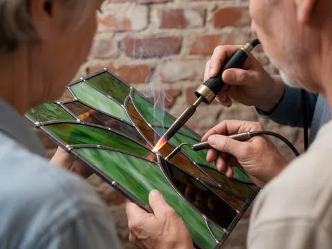 Deux artisans travaillent dans un atelier en soudant des cames métalliques sur un panneau de verre, avec de la fumée visible et un mur en briques en arrière-plan.