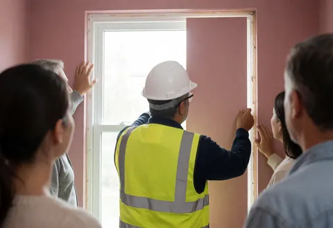 Un ouvrier en tenue de sécurité installe un panneau vitré dans une fenêtre d'office à murs roses, observé par des clients.