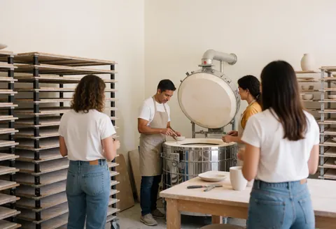 Artiste dans un four à céramique, étagères de séchage et visiteurs observant le processus dans un atelier de céramique artisanale.