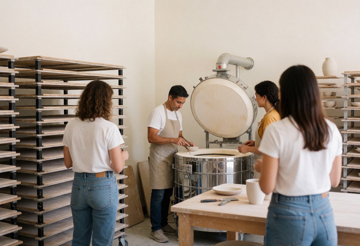 Artiste dans un four à céramique, étagères de séchage et visiteurs observant le processus dans un atelier de céramique artisanale.