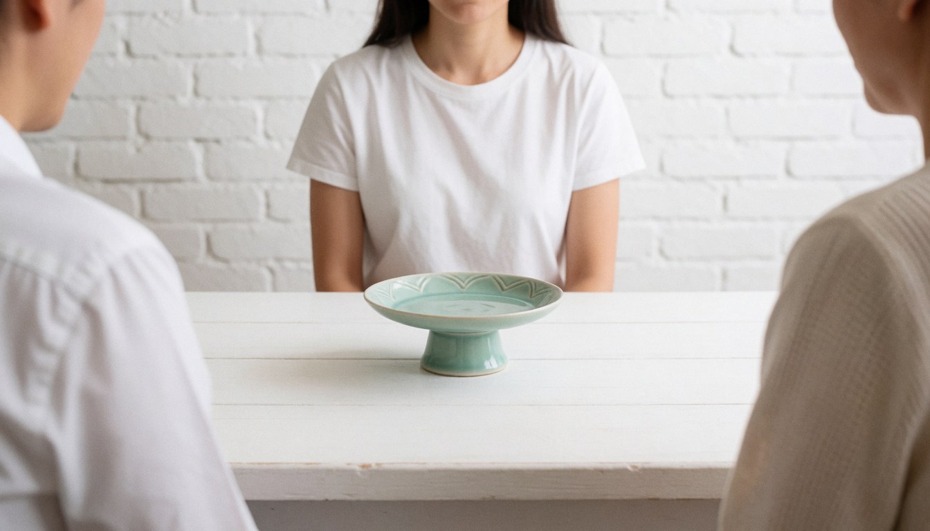 Assiette en céramique avec glaçure celadon posée sur une table blanche devant un mur de briques blanches, avec trois personnes observant.