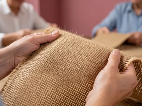 Des mains manipulent un sac en jute à la texture visible devant des murs roses, illustrant le travail artisanal et le tissage de tapis.