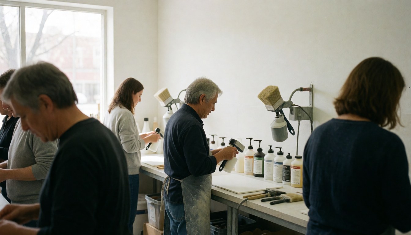 Des professionnels peignent et réparent des meubles en bois dans un atelier baigné de lumière naturelle provenant d'une fenêtre.