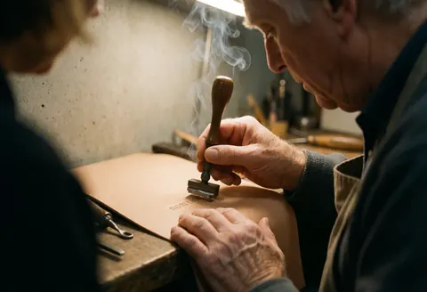 Un artisan utilise un outil pour estamper un nom sur une pièce de cuir, dégageant de la fumée visible dans son atelier avec des murs en béton et des outils à proximité.
