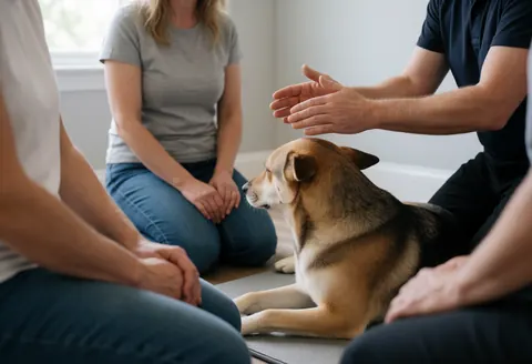 Main d'un praticien sur un chien relaxé, entouré de personnes assises dans une pièce aux murs gris avec lumière naturelle.