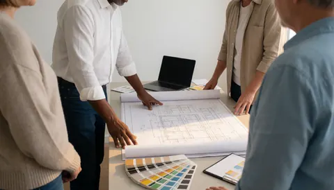 Quatre professionnels analysent des plans et des nuanciers colorés sur une table dans un bureau lumineux, illustrant le processus créatif du design en verre.