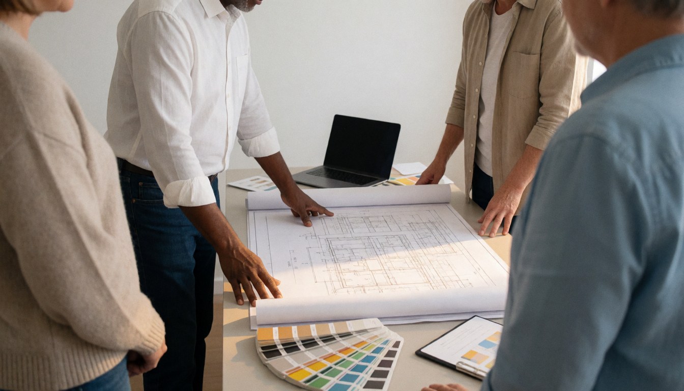 Quatre professionnels analysent des plans et des nuanciers colorés sur une table dans un bureau lumineux, illustrant le processus créatif du design en verre.