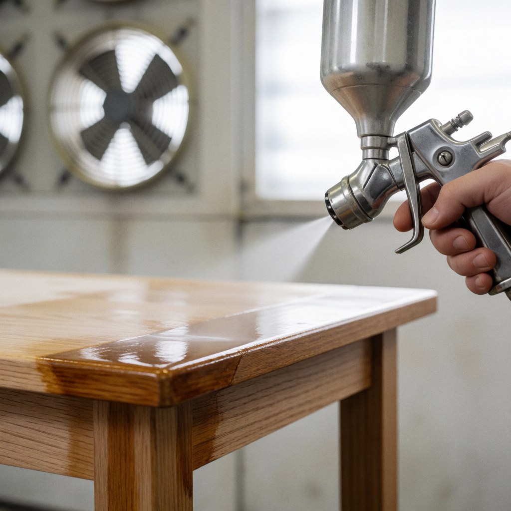 Main tenant un pistolet à spray pour appliquer du vernis brillant sur une table en bois dans un atelier.