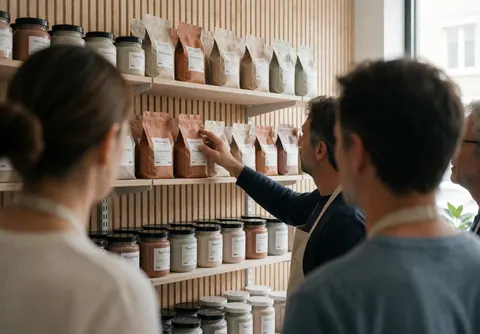 Une cliente touche un sac d'argile dans un magasin de céramique artisanale avec des étagères en bois et des récipients d'émail.