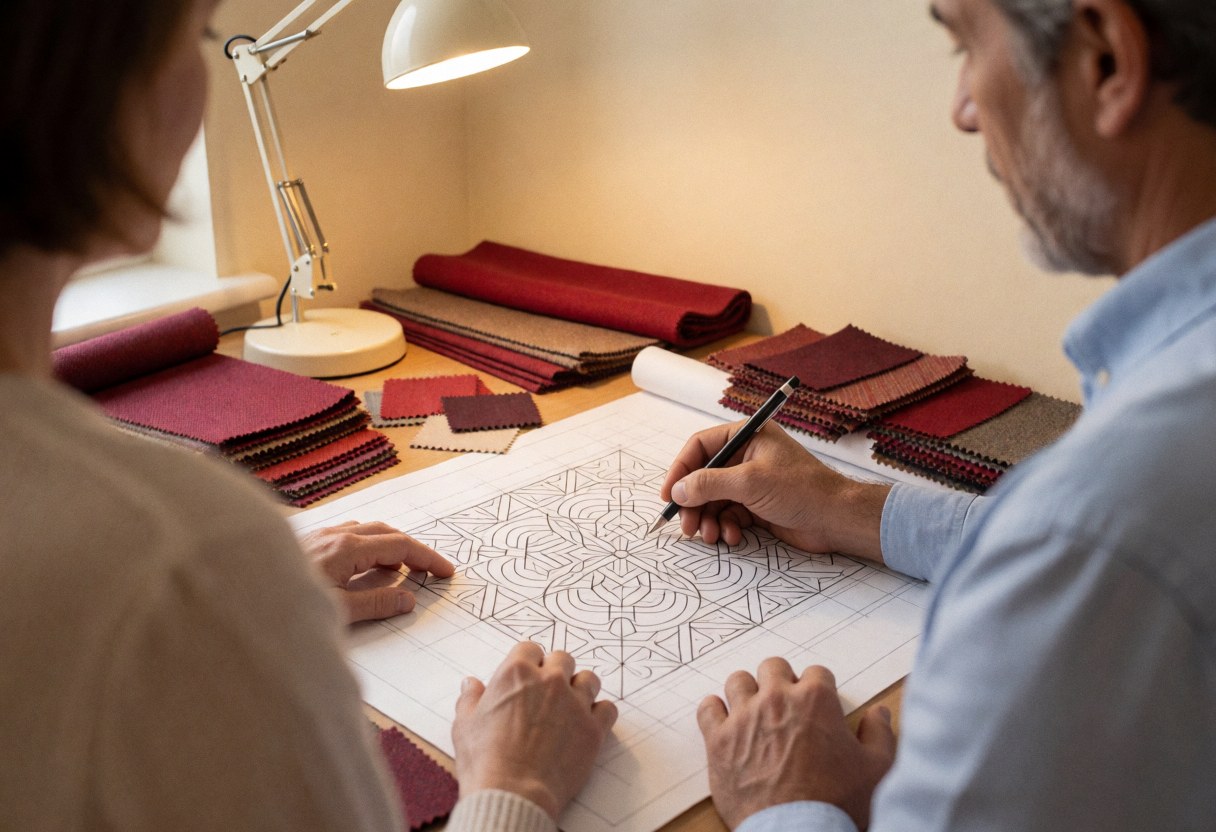 Un designer dessine des motifs géométriques sur une feuille de papier posée sur un bureau, entouré d'échantillons de tissu rouge.