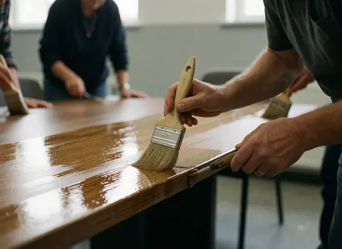 Une main applique du vernis avec un pinceau sur le bord d'une table en bois, créant des reflets lumineux sur la surface humide. Pareds gris en arrière-plan.