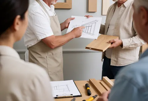 Un menuisier en tablier explique un dessin de meubles à des clients dans un bureau bien éclairé, entouré de bois et d'outils.