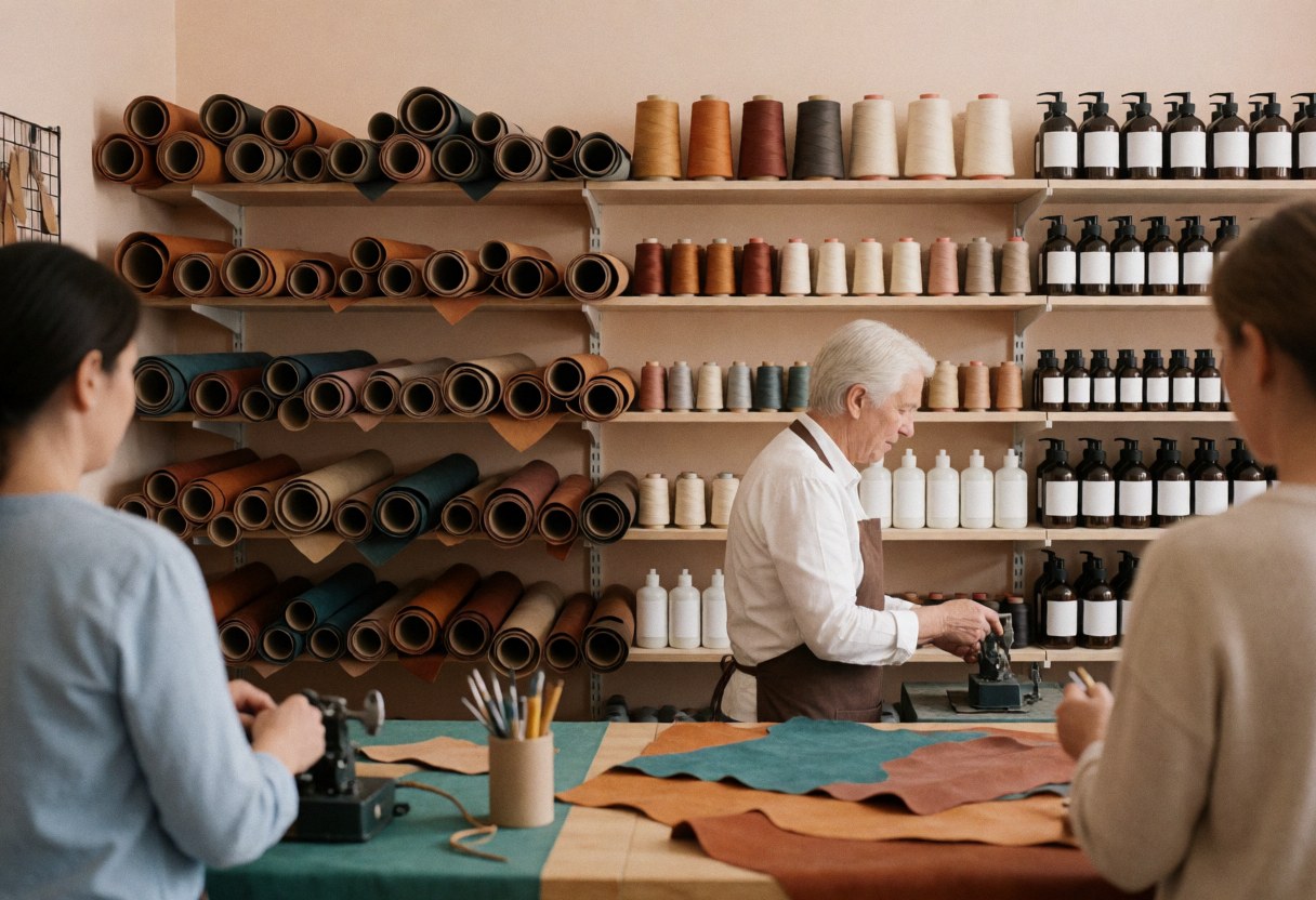 Trois personnes manipulent du cuir et des outils dans un atelier de maroquinerie rempli d'étagères de matériaux.