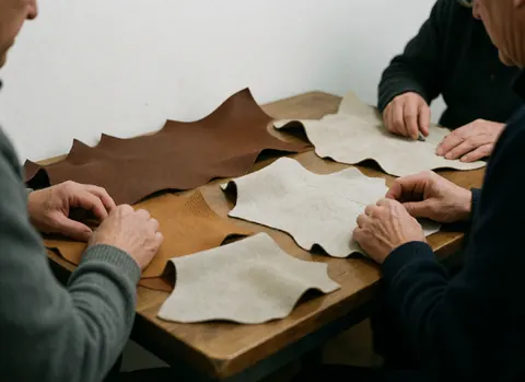 Des mains d'adultes manipulent des pièces de cuir brut sur une table en bois dans un atelier de maroquinerie.