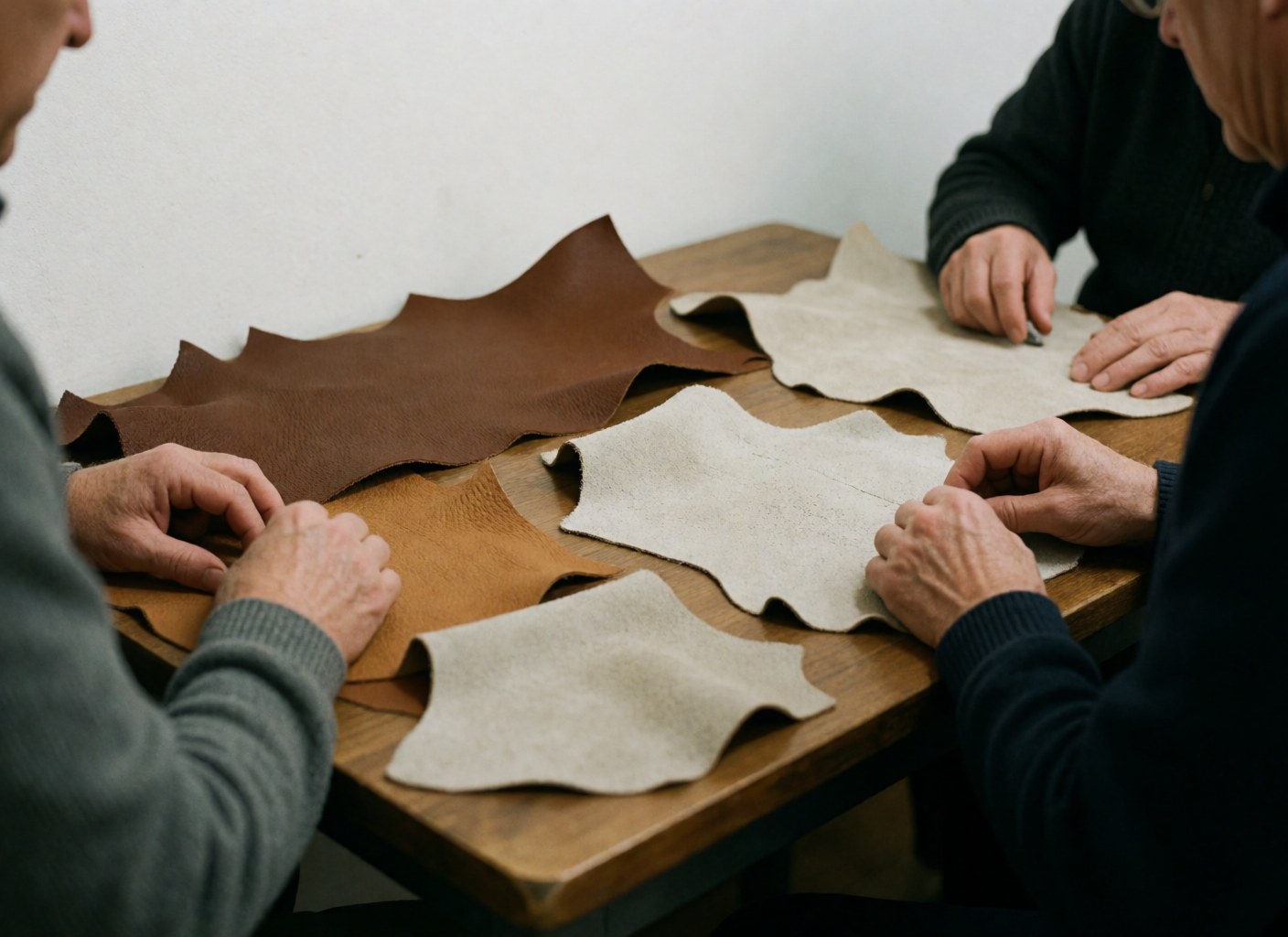 Des mains d'adultes manipulent des pièces de cuir brut sur une table en bois dans un atelier de maroquinerie.