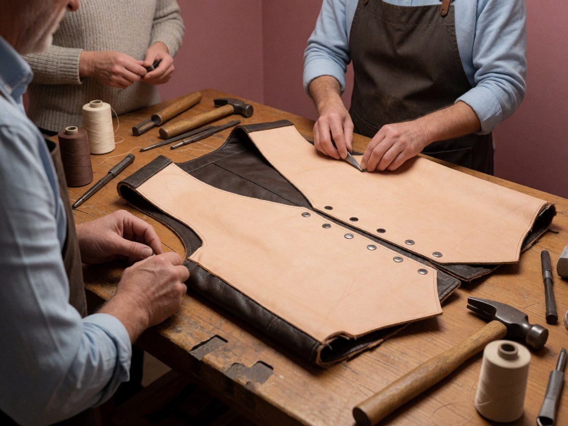Trois artisans travaillent sur une robe en cuir posée sur une table en bois, entourés d'outils et de fils de couture dans un atelier aux murs rose poudre.